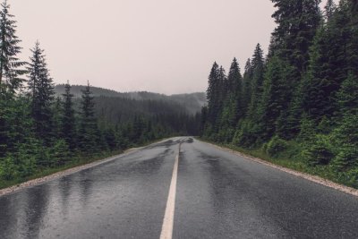 La coborare, imediat dupa ploaie. Asfalt ud, ceata intre brazi si niciun om pe drum.